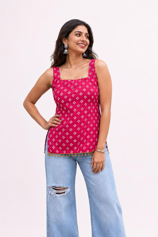 Pink Bandhani Print Short Kurti Top