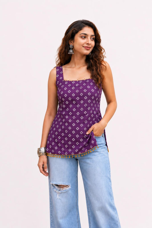 Purple Bandhani Print Short Kurti Top