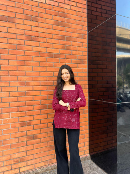 Wine Bandhani Long Sleeve Kurti
