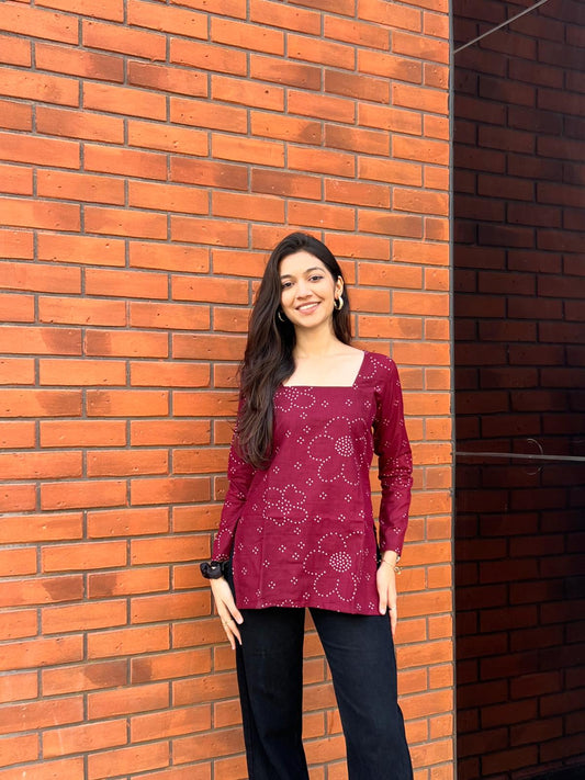 Wine Bandhani Long Sleeve Kurti