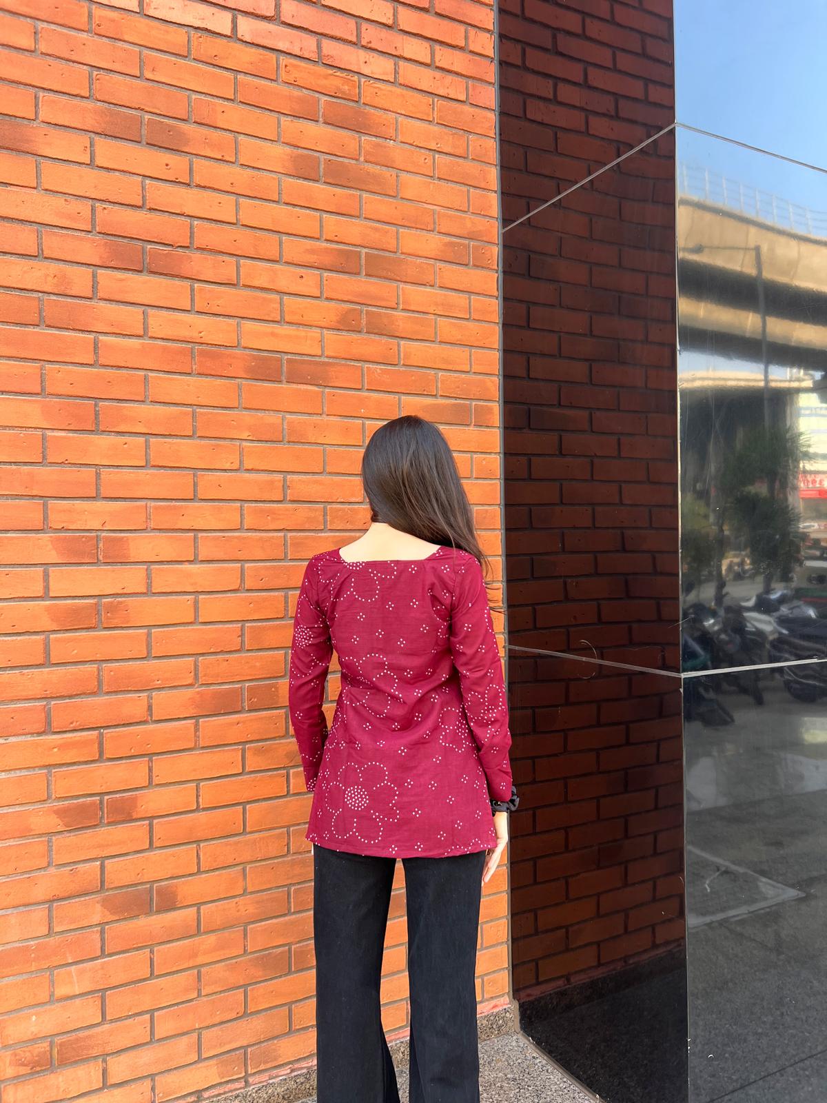Wine Bandhani Long Sleeve Kurti