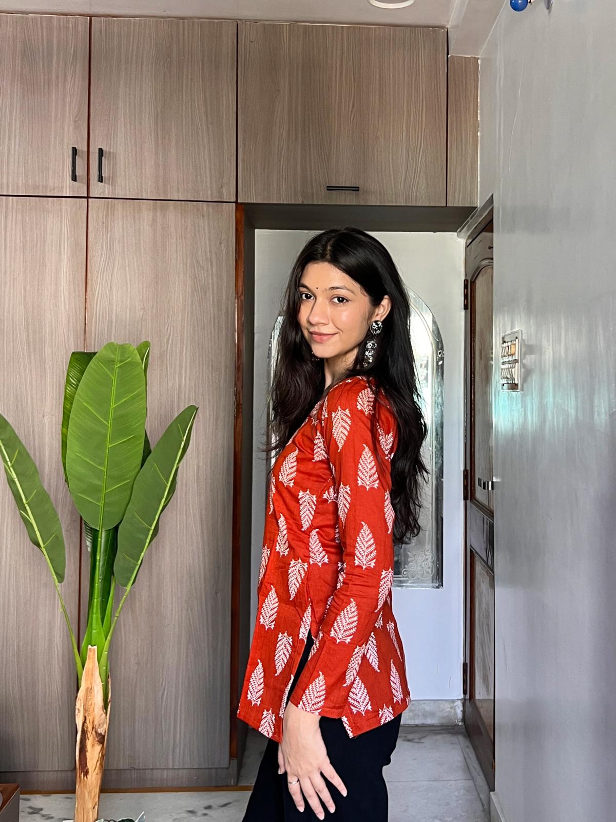 Orange Leaf Long Sleeve Kurti
