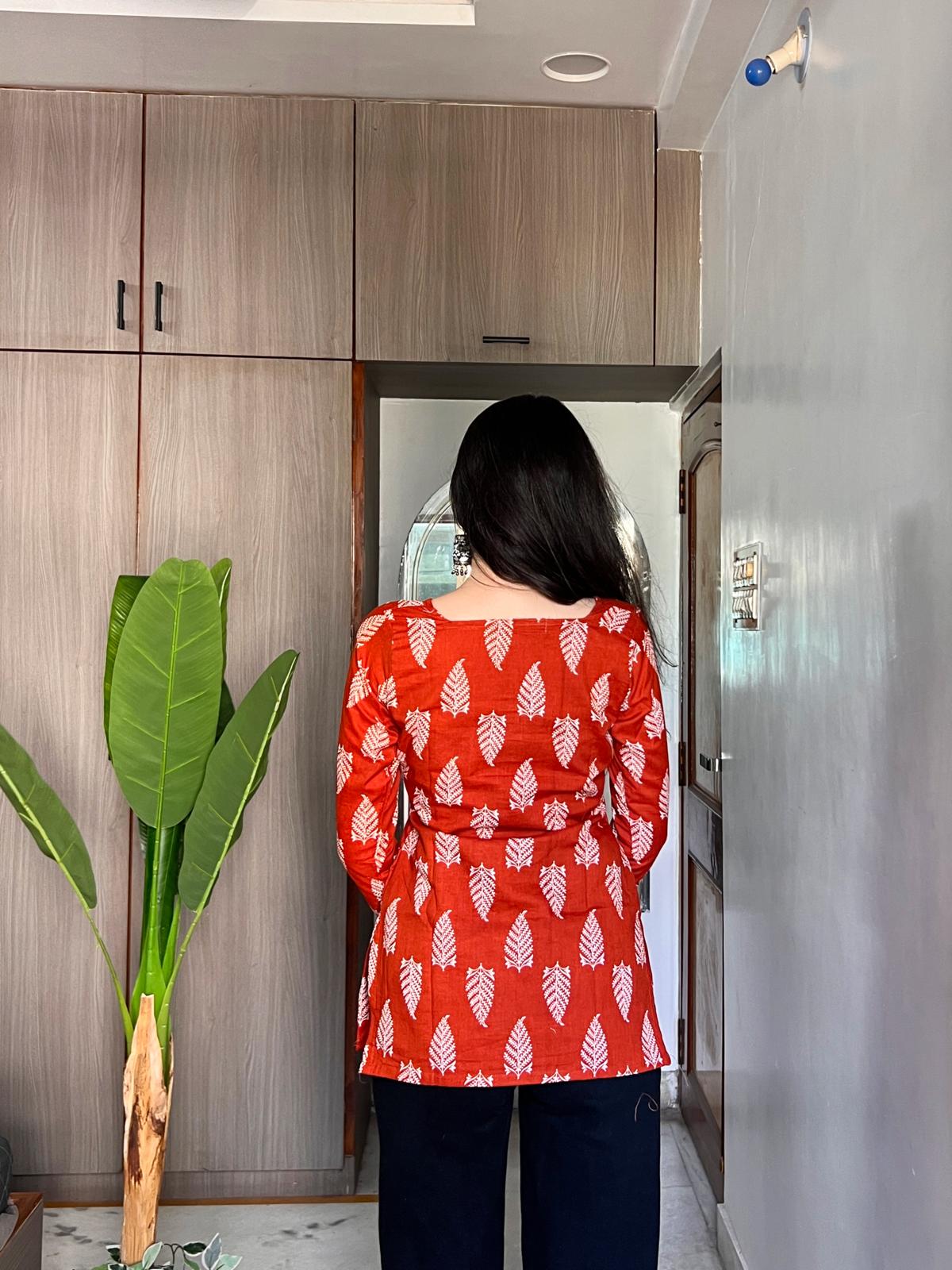 Orange Leaf Long Sleeve Kurti