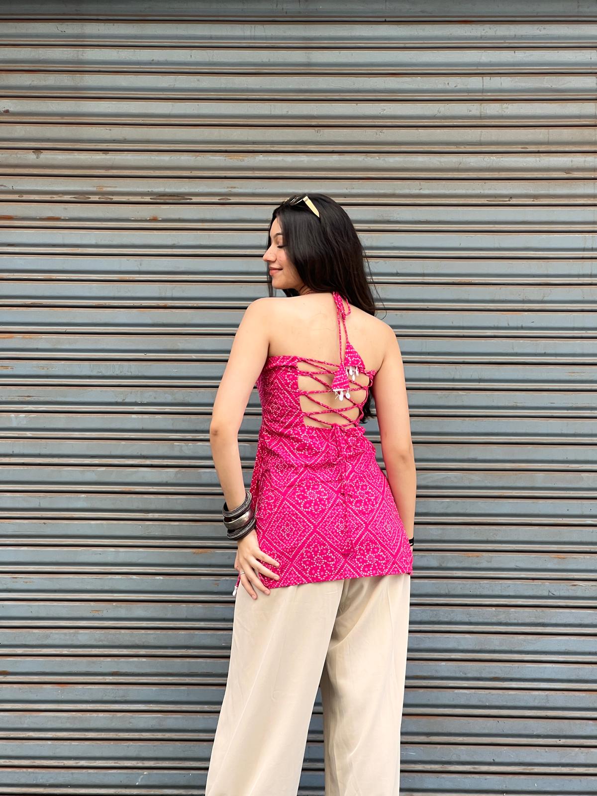 Rani Bandhani Halter Backless Kurti