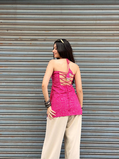 Rani Bandhani Halter Backless Kurti