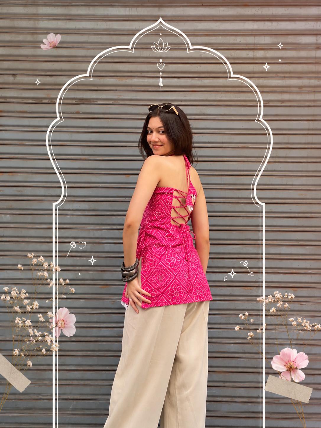Rani Bandhani Halter Backless Kurti