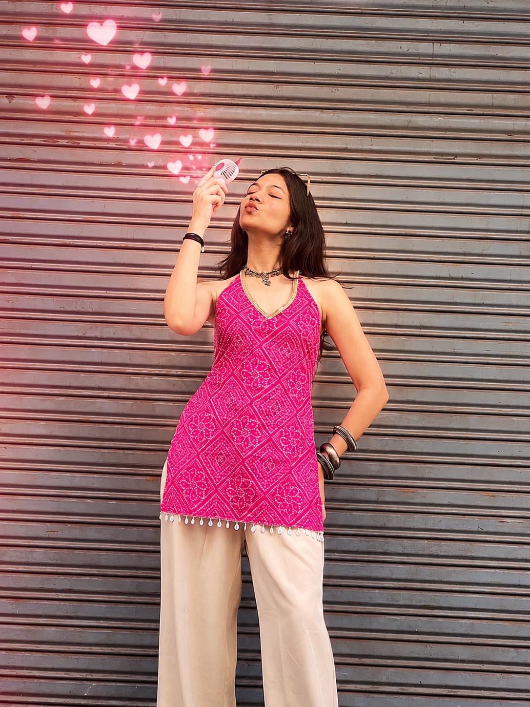 Rani Bandhani Halter Backless Kurti