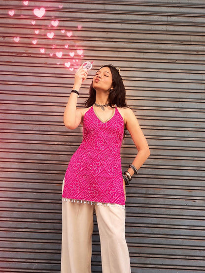 Rani Bandhani Halter Backless Kurti
