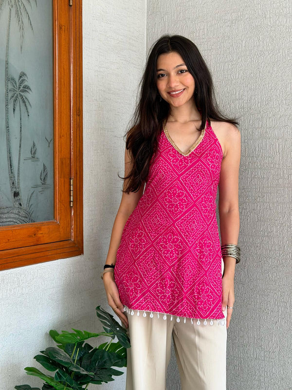 Rani Bandhani Halter Backless Kurti
