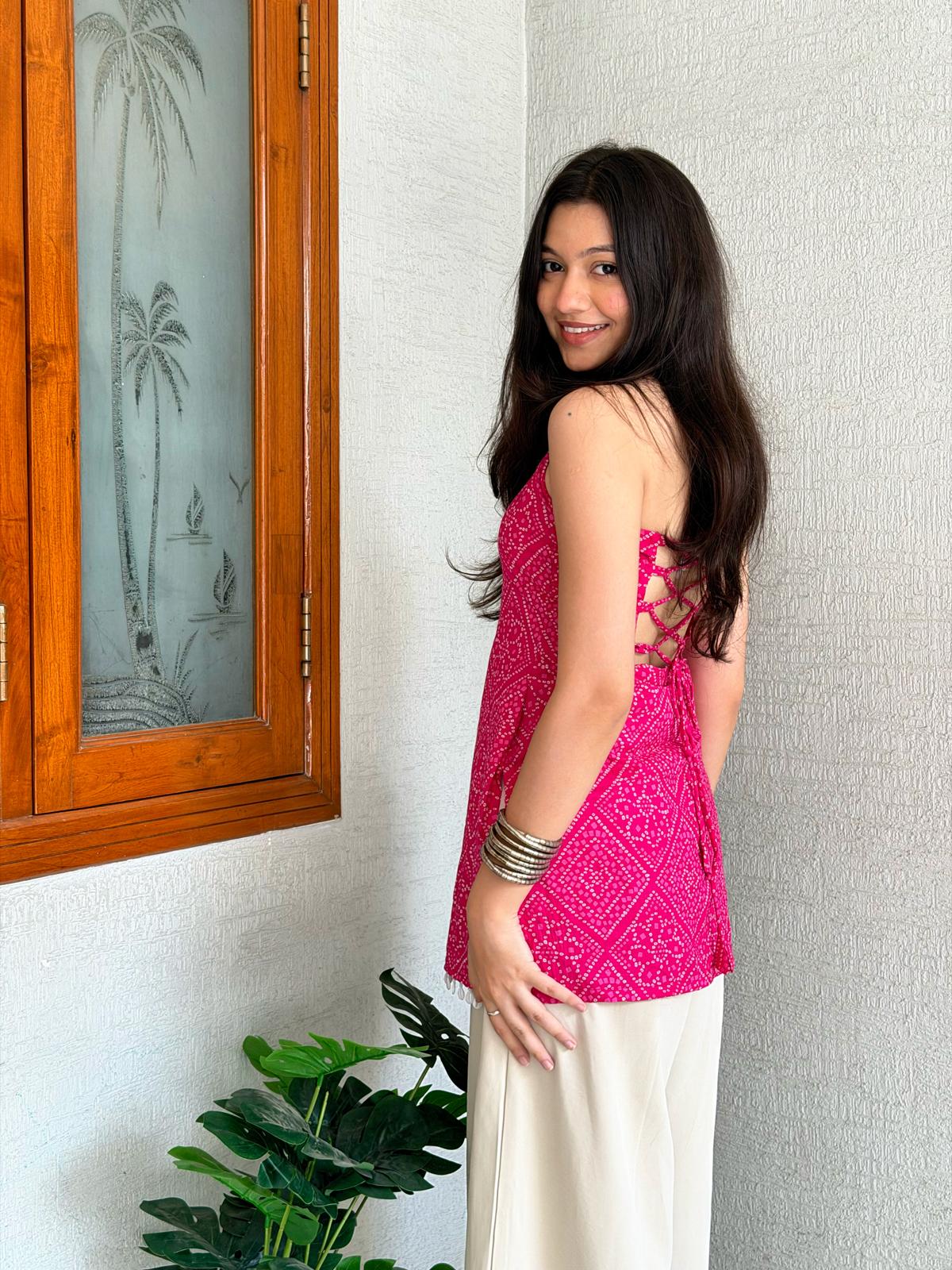 Rani Bandhani Halter Backless Kurti