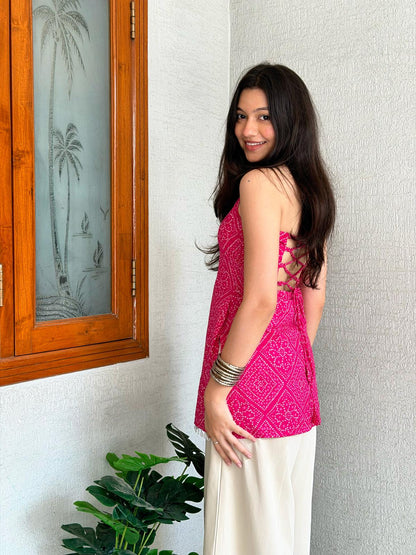 Rani Bandhani Halter Backless Kurti