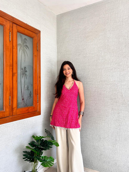Rani Bandhani Halter Backless Kurti