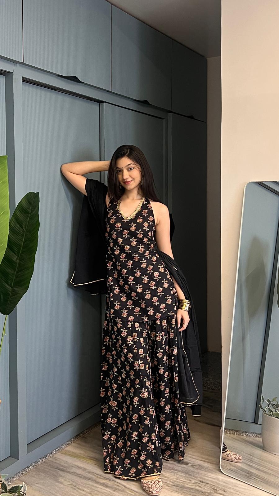 Black Gulab Halter Backless Sharara Set