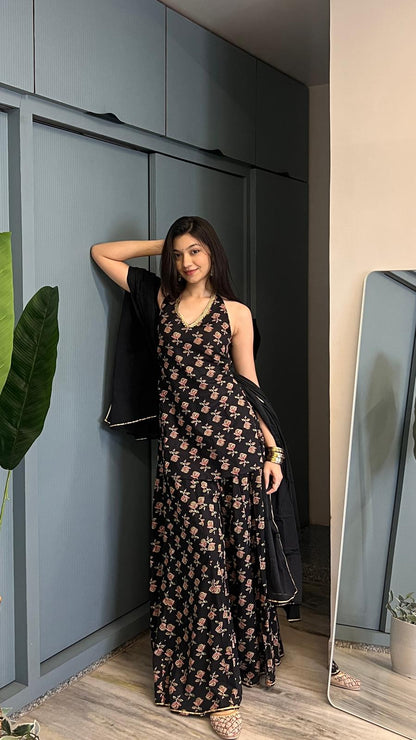Black Gulab Halter Backless Sharara Set