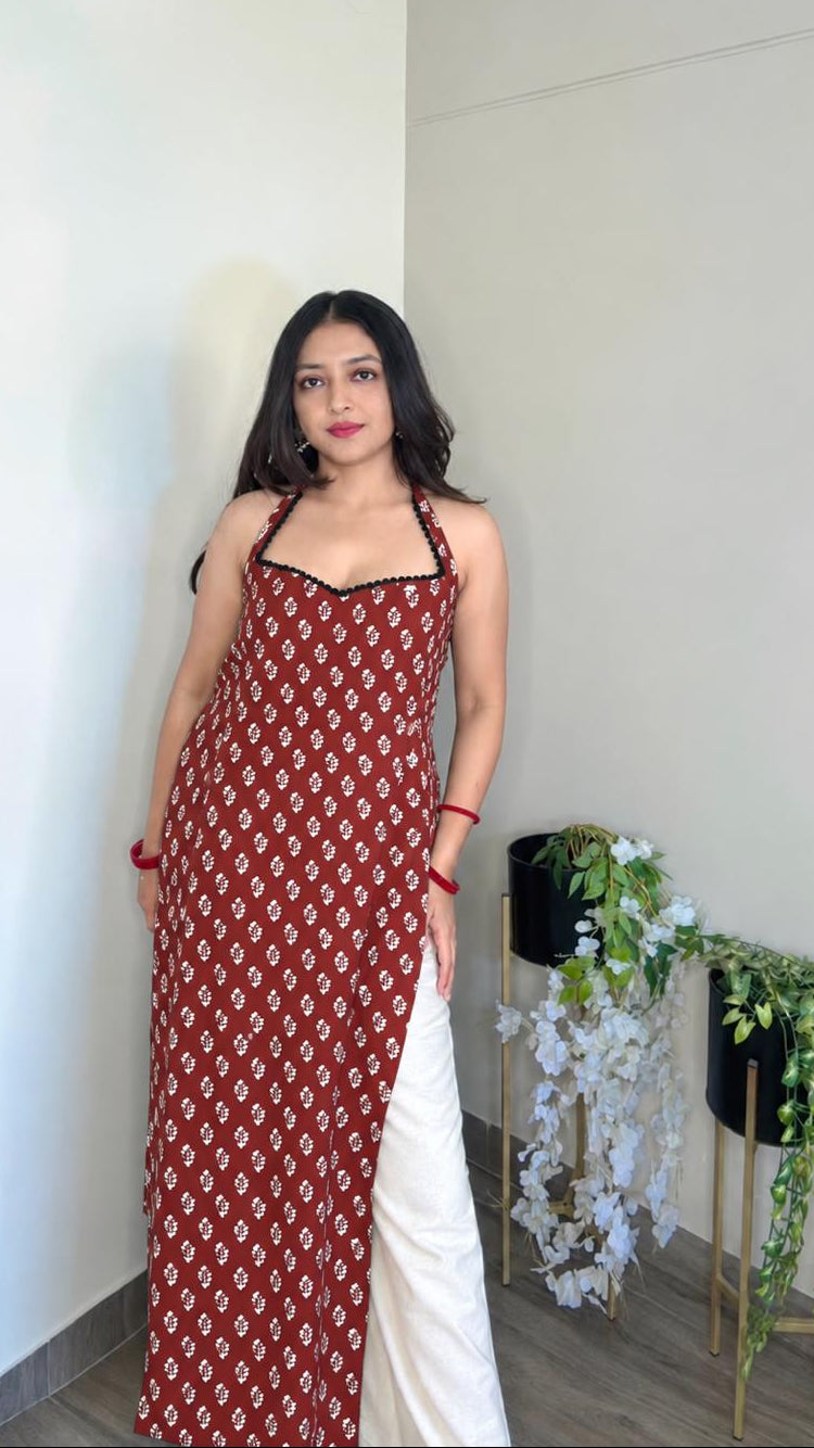 Ayla Maroon Halter Long Kurti