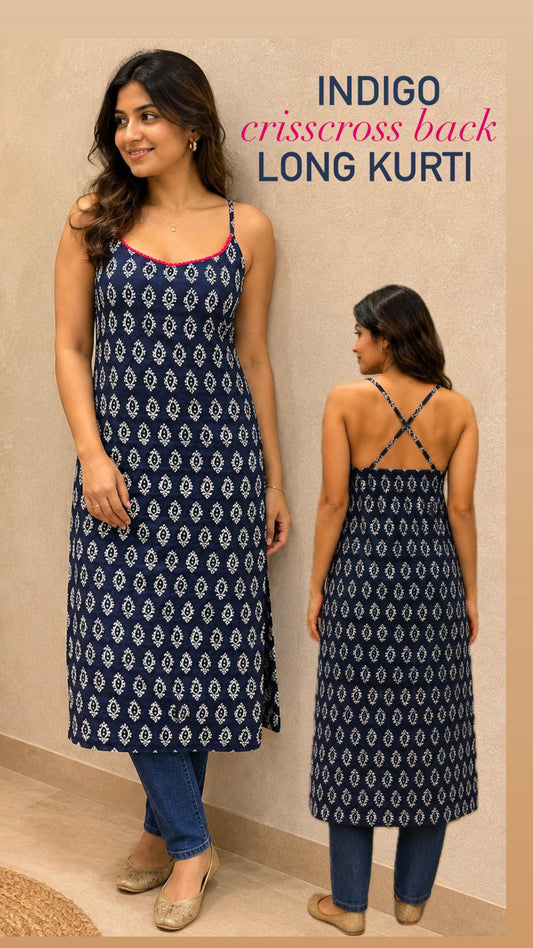 Indigo Crisscross Back Long Kurti