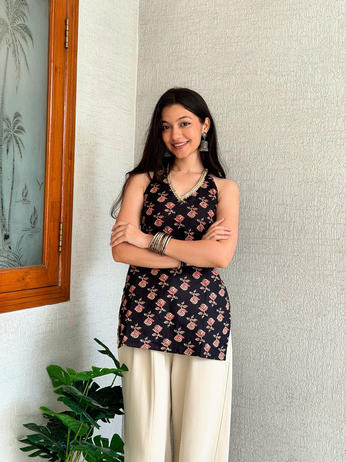 Black Gulab Halter Kurti