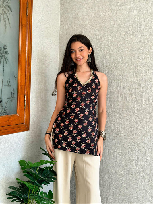 Black Gulab Halter Kurti