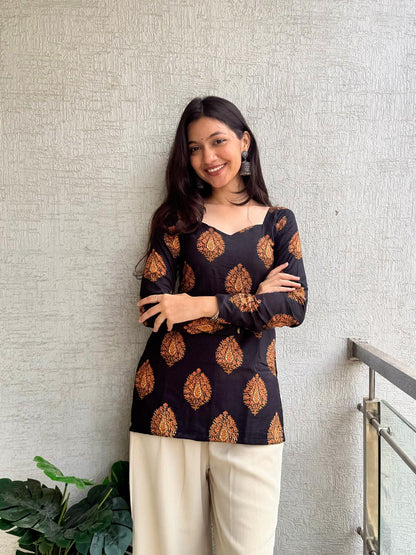 Black with Orange Afsana Long Sleeve Backless Kurti