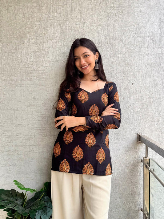 Black with Orange Afsana Long Sleeve Backless Kurti