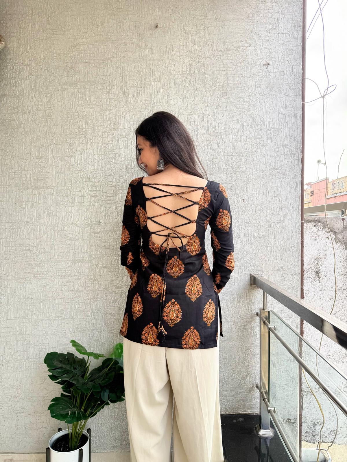 Black with Orange Afsana Long Sleeve Backless Kurti