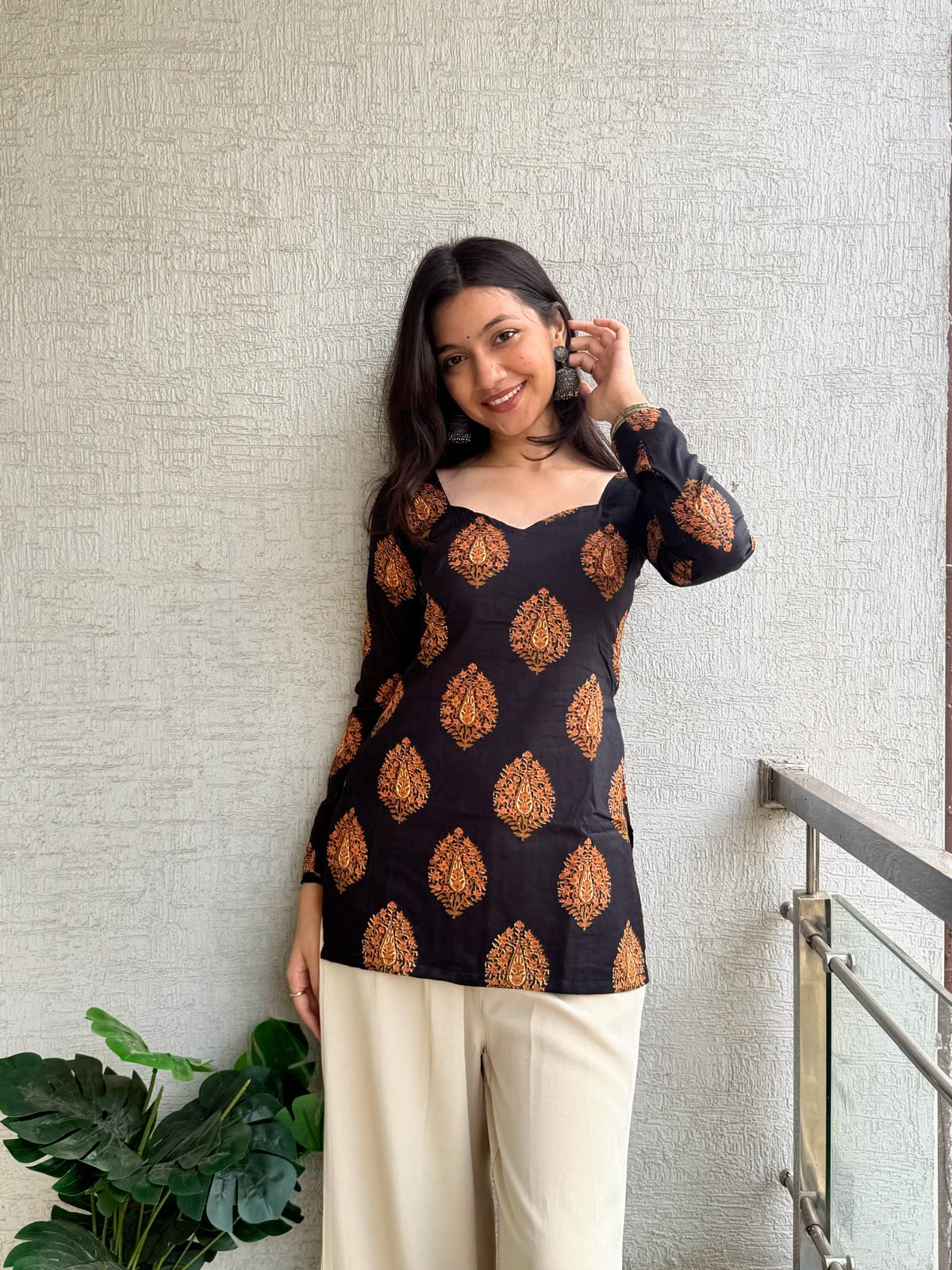 Black with Orange Afsana Long Sleeve Backless Kurti