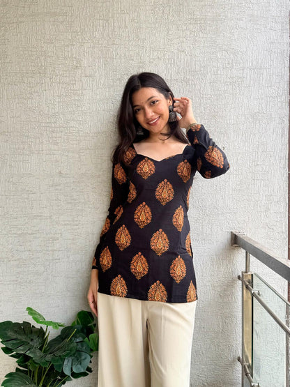 Black with Orange Afsana Long Sleeve Backless Kurti