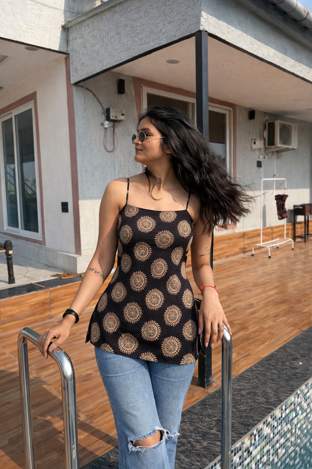 Black Medallion Spaghetti Strap Backless Kurti