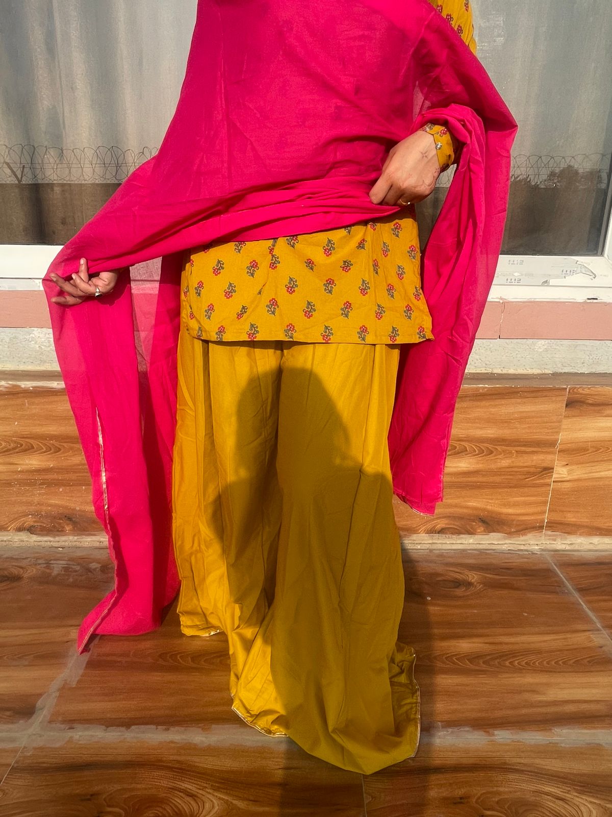 Yellow Cotton Sharara Suit Set (with Pink Dupatta)
