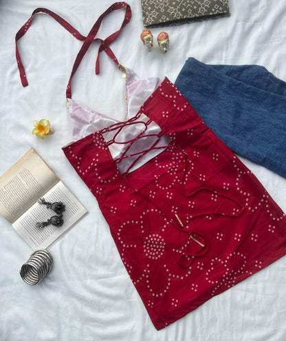 Cherry Red Backless Halter Kurti