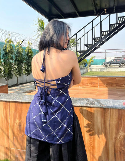 Royal Blue  Mirror Work Halter Backless Blouse