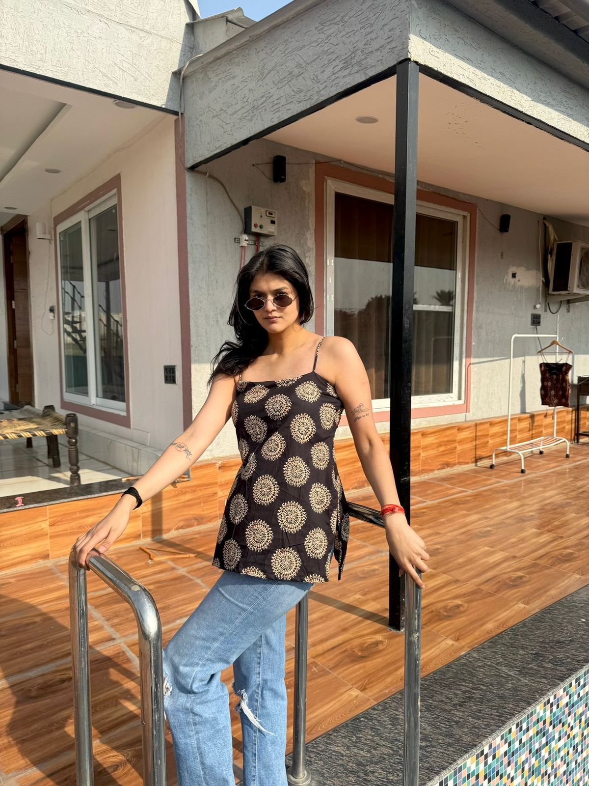 Black Medallion Spaghetti Strap Backless Kurti