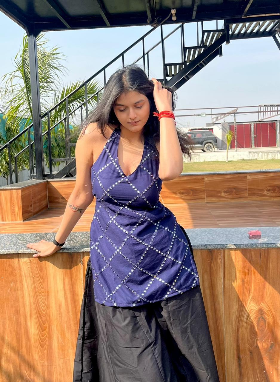 Royal Blue  Mirror Work Halter Backless Blouse