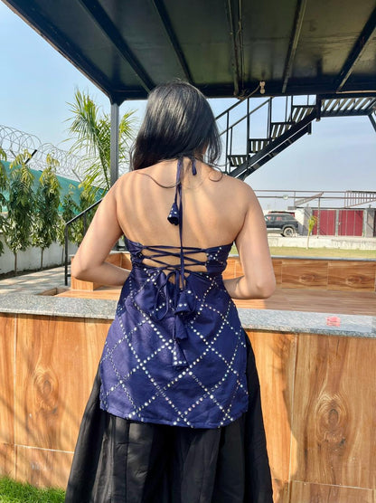 Royal Blue  Mirror Work Halter Backless Blouse