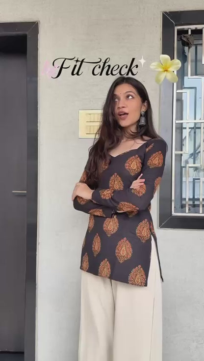 Black with Orange Afsana Long Sleeve Backless Kurti