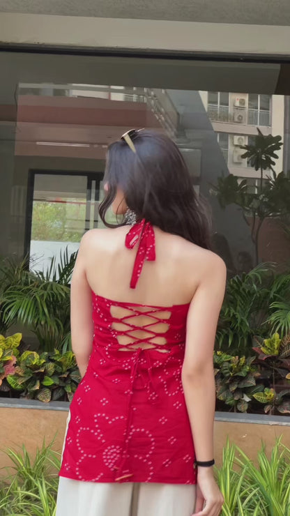 Cherry Red Backless Halter Kurti