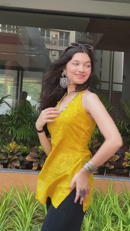 Mustard Yellow Backless Halter Kurti