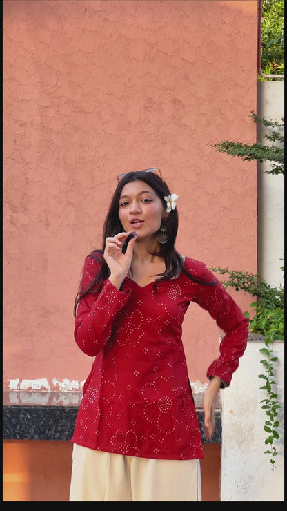 Rust Bandhini Long Sleeve Backless Kurti
