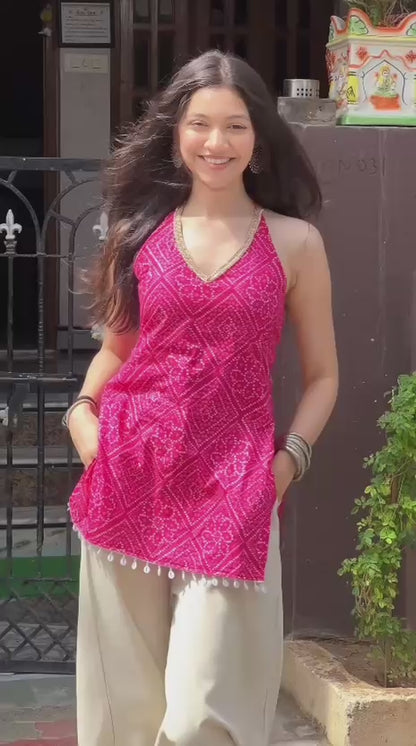 Rani Bandhani Halter Backless Kurti